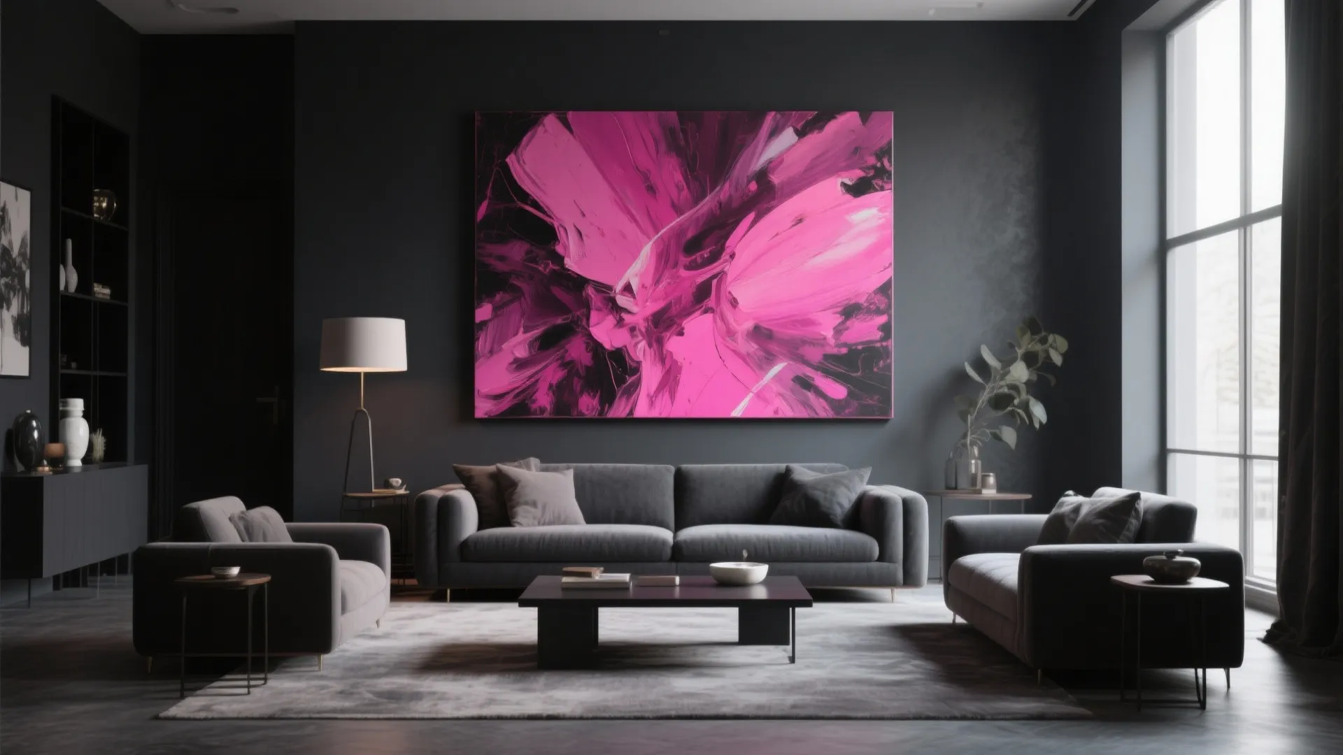 Modern dark living room featuring large pink wall art and grey sofa with coffee table