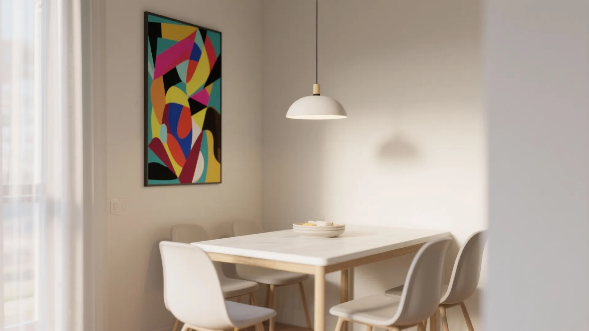Small dining area with bold artwork hanging above table