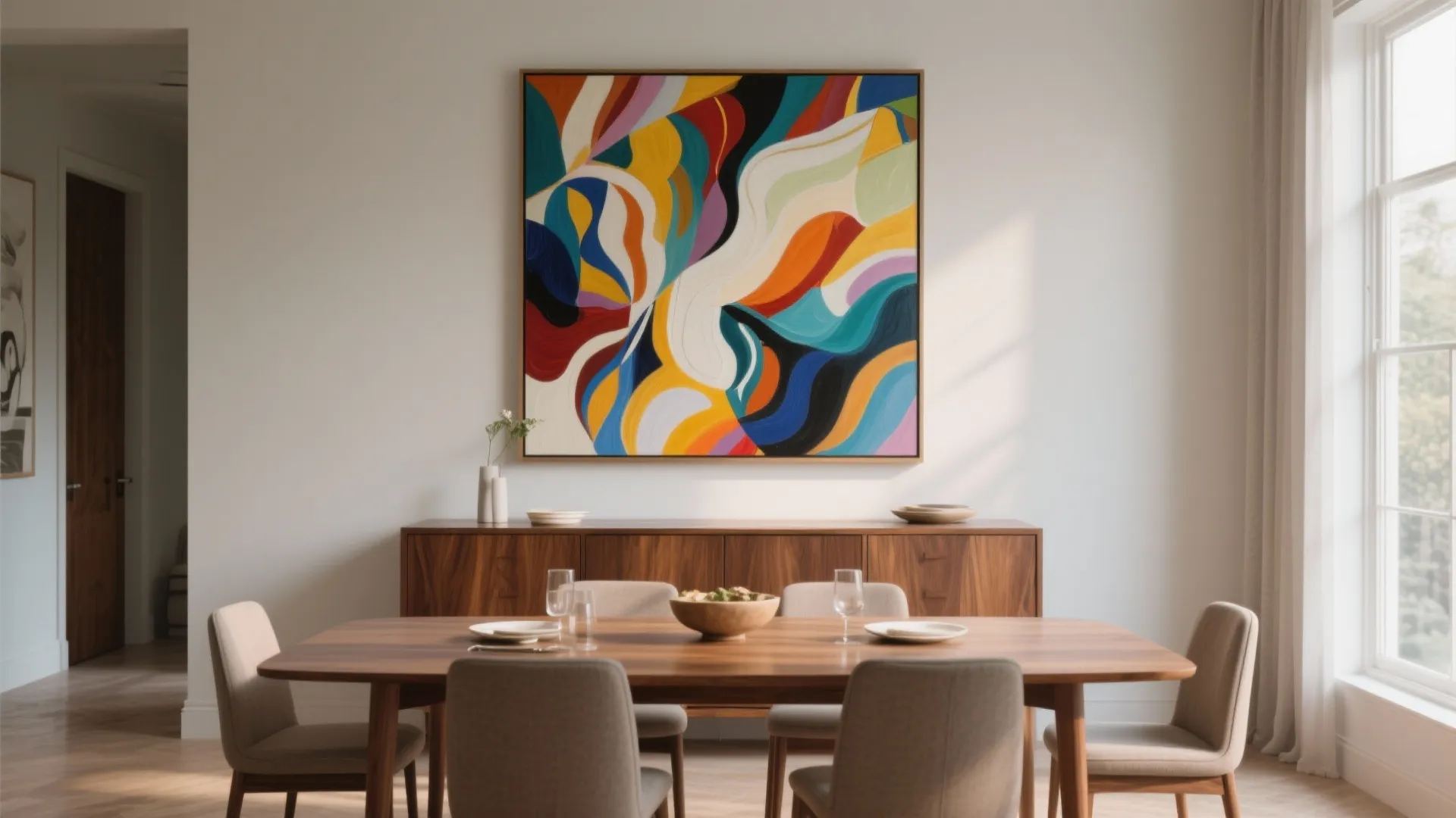 Oversized vivid abstract painting above a walnut buffet in dining room