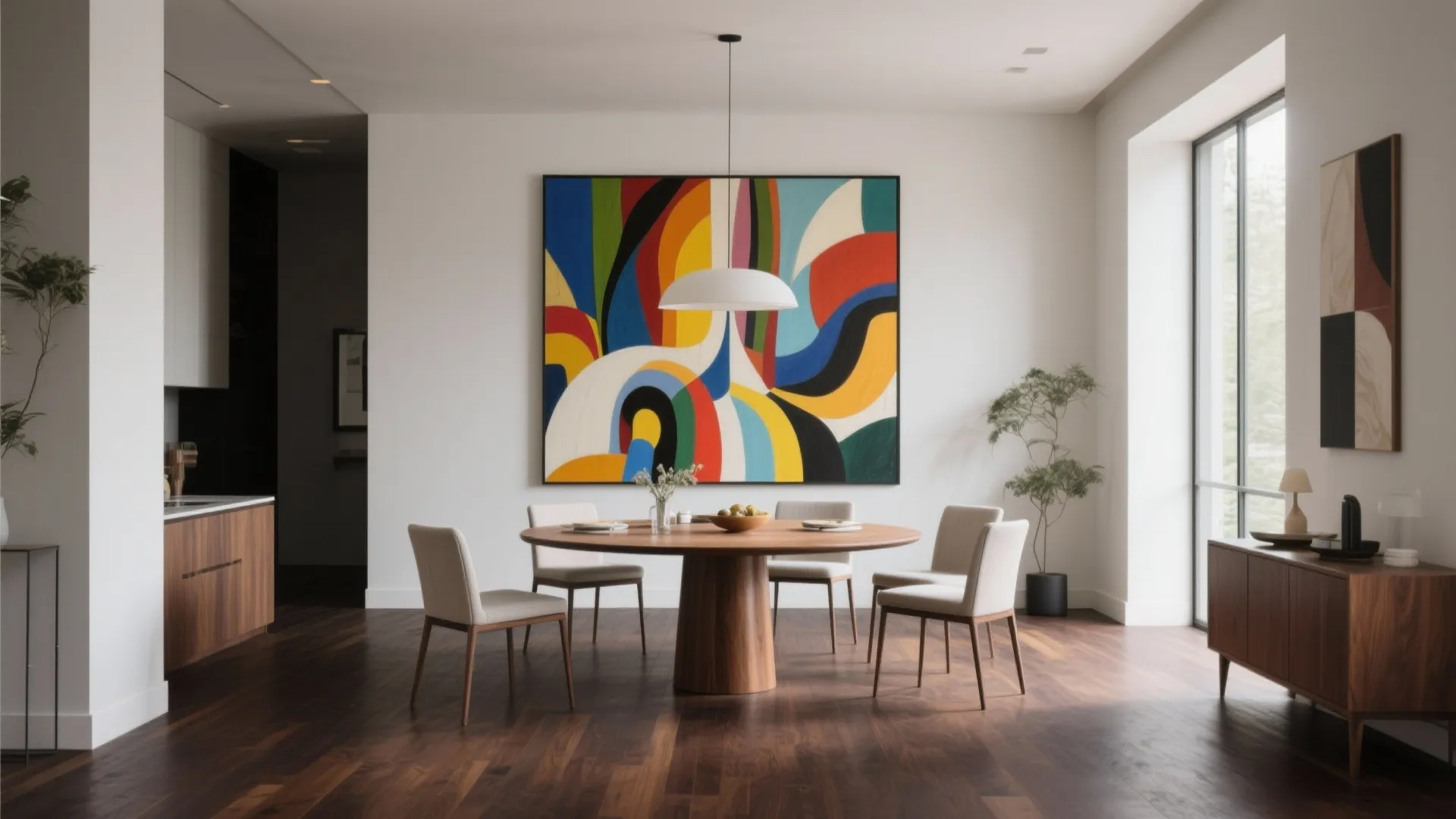 Modern dining room featuring large colorful wall art behind round wood table and four chairs