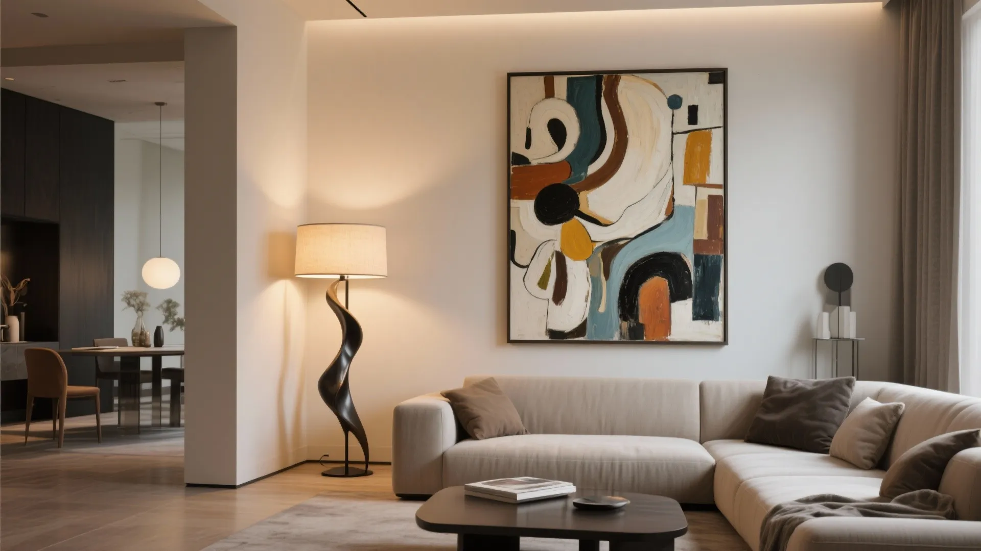 Modern living room with large abstract painting white sofa floor lamp and wooden coffee table