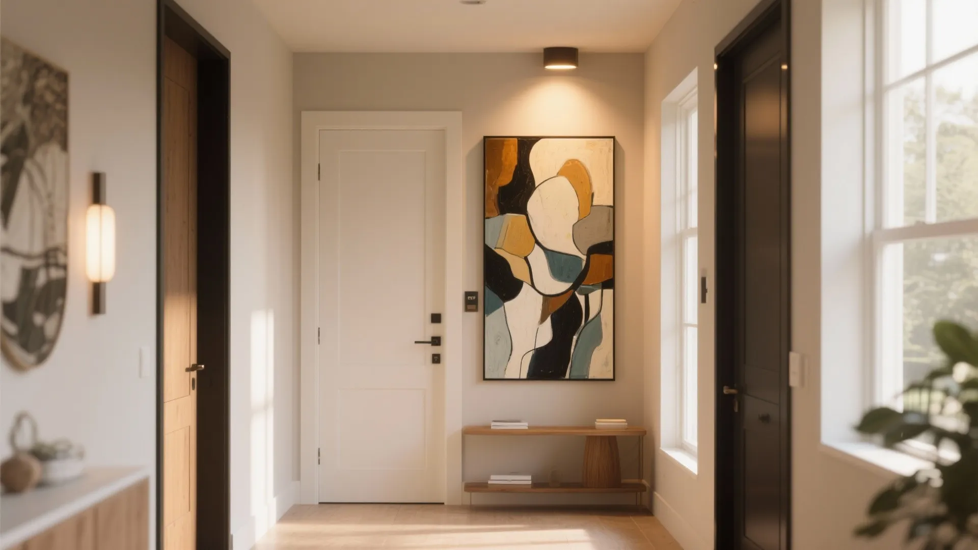 Bright entrance hallway featuring abstract wall painting above a small wooden table with wall light