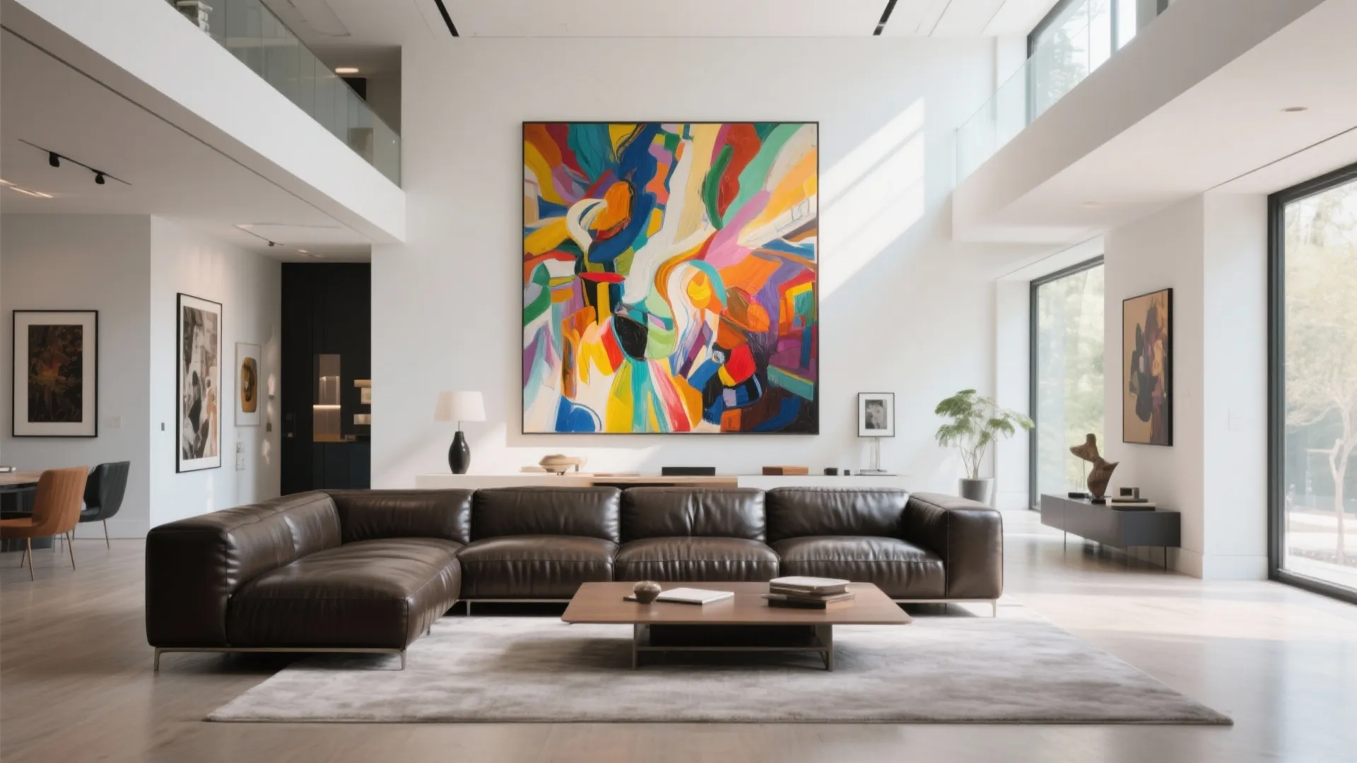 Leather sofa with large artwork above in high-ceiling room