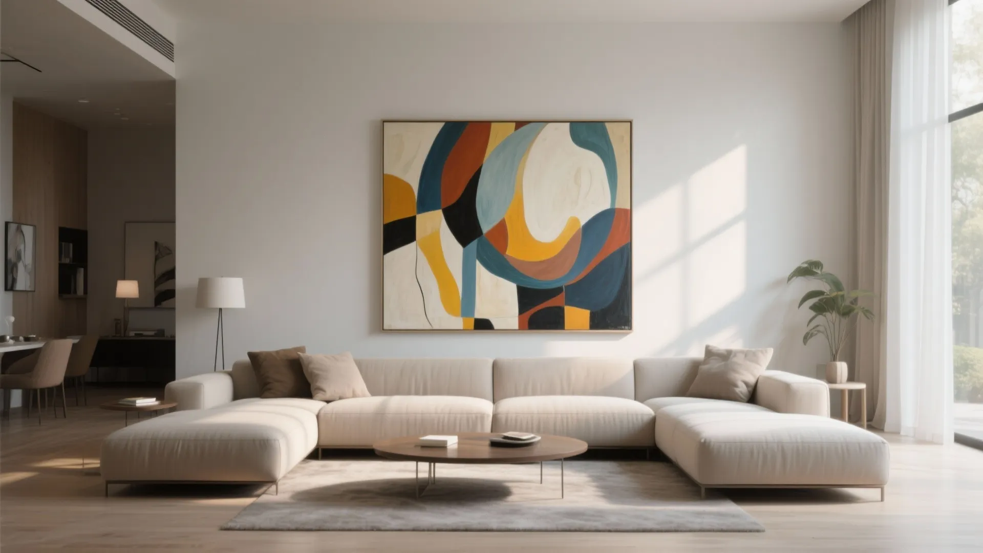 Modern living room featuring a large abstract wall painting above a comfortable white sectional sofa