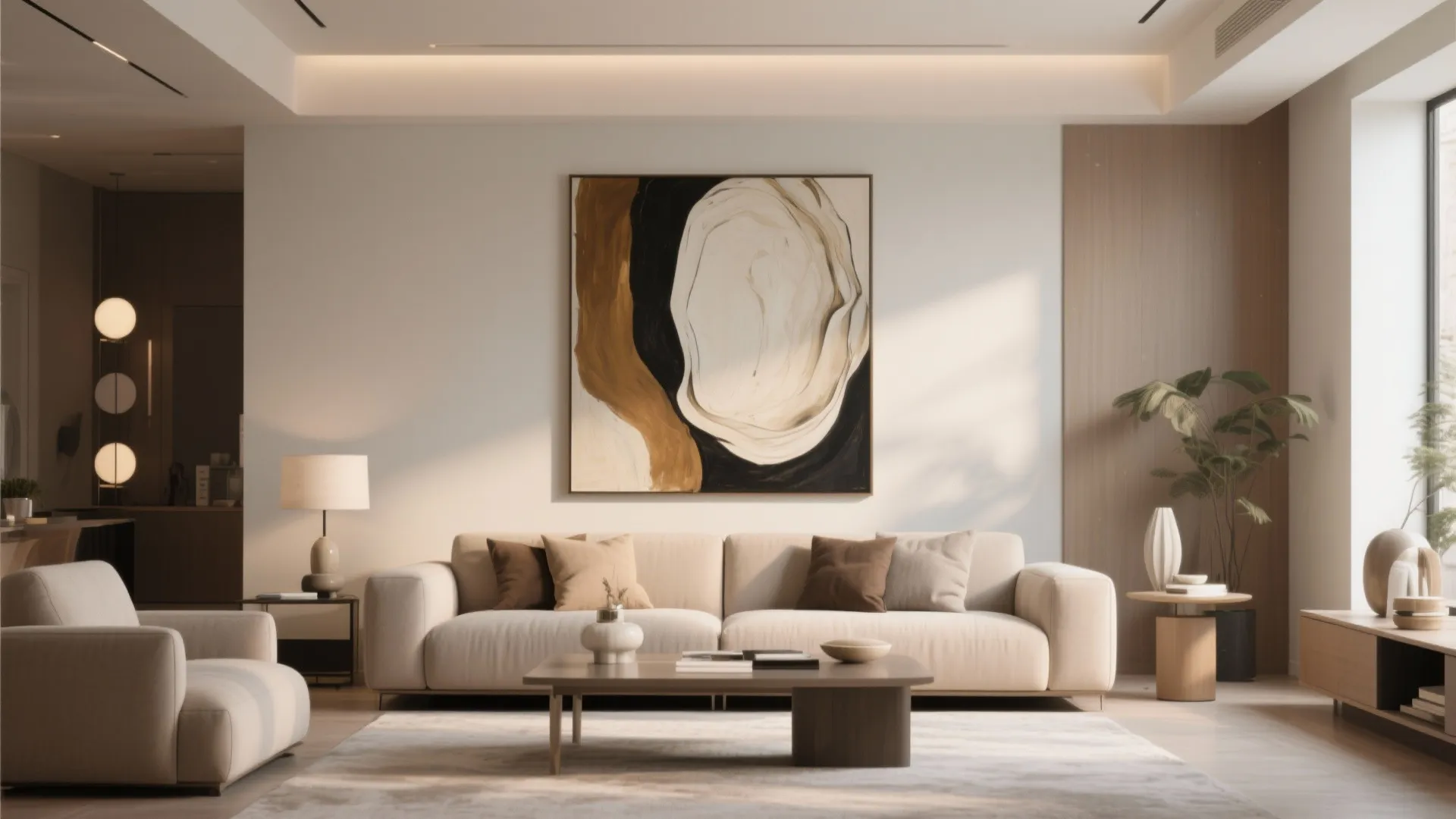 Large abstract wall art hanging above beige sofa with coffee table in modern living room