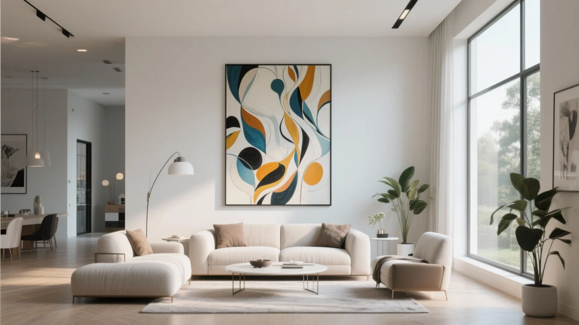 White living room with colorful wall art white sofa floor lamp and indoor green plants