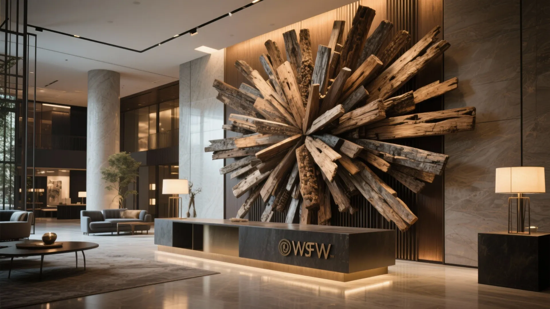 Reception area with large wood wall art behind a dark marble desk and two table lamps