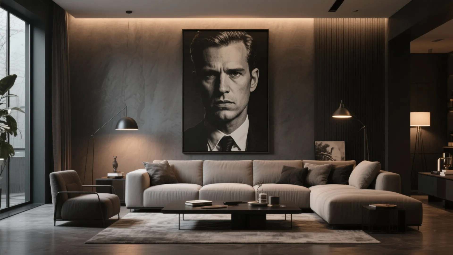 Modern living room with grey sofa black coffee table large wall portrait and floor lamps