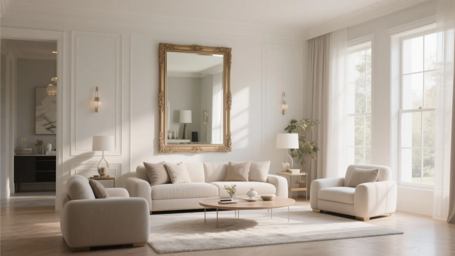 Elegant living room featuring gold framed mirror white sofa round coffee table and wall lights