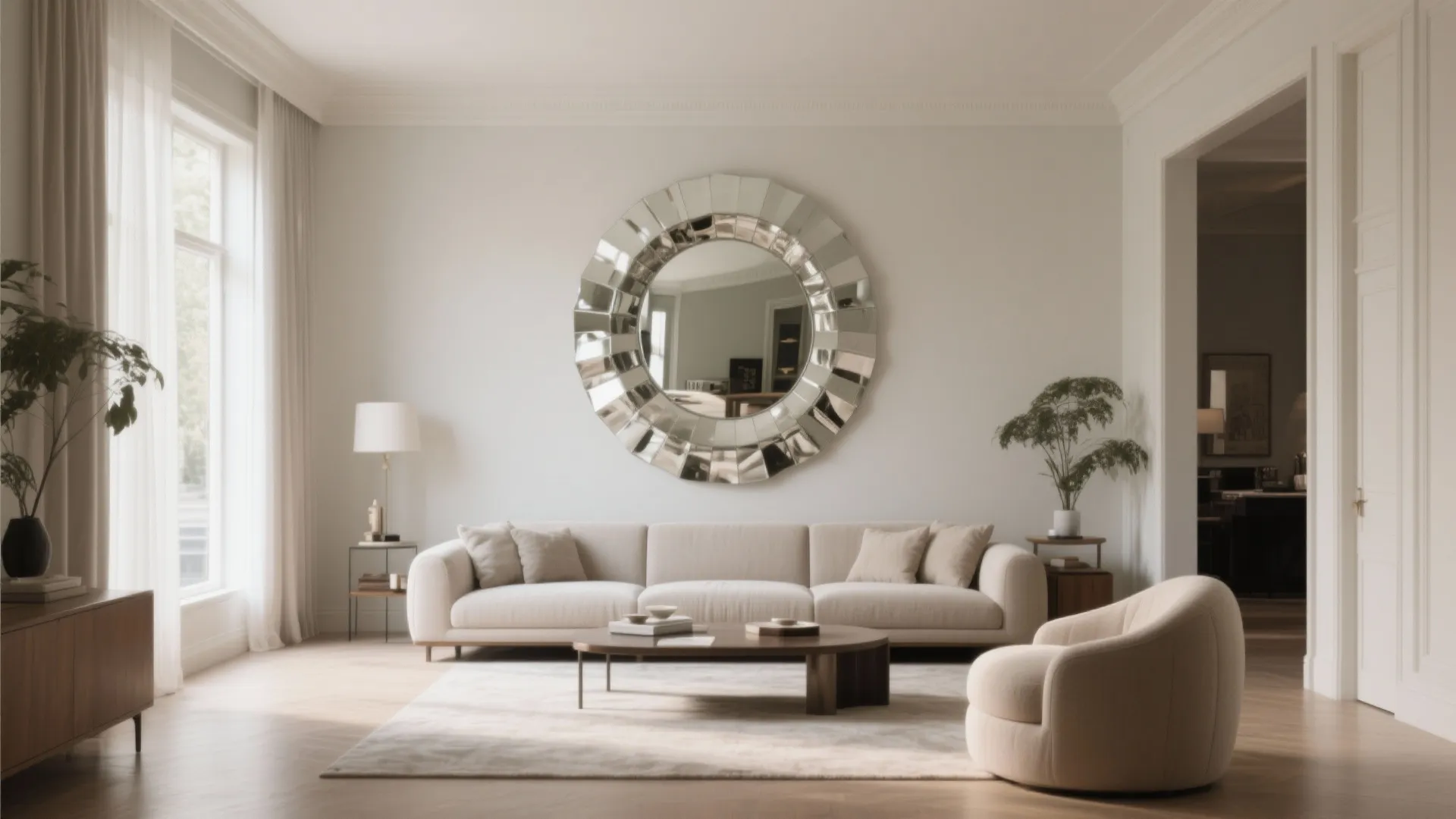 Elegant living room featuring a large round wall mirror white sofa and minimalist coffee table