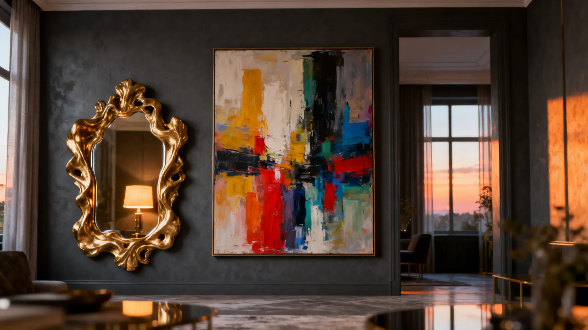 Dark gray wall with large abstract painting and gilded mirror reflecting warm light.