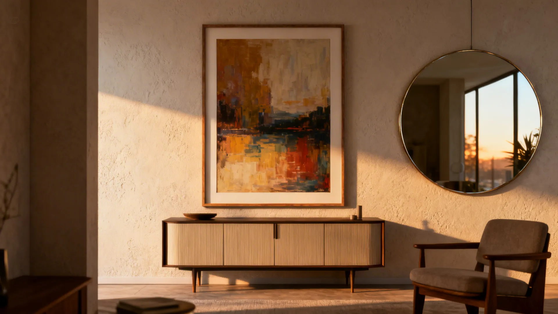 Dining room anchored by a single large artwork above a sideboard and a version with an oversized mirror reflecting light.