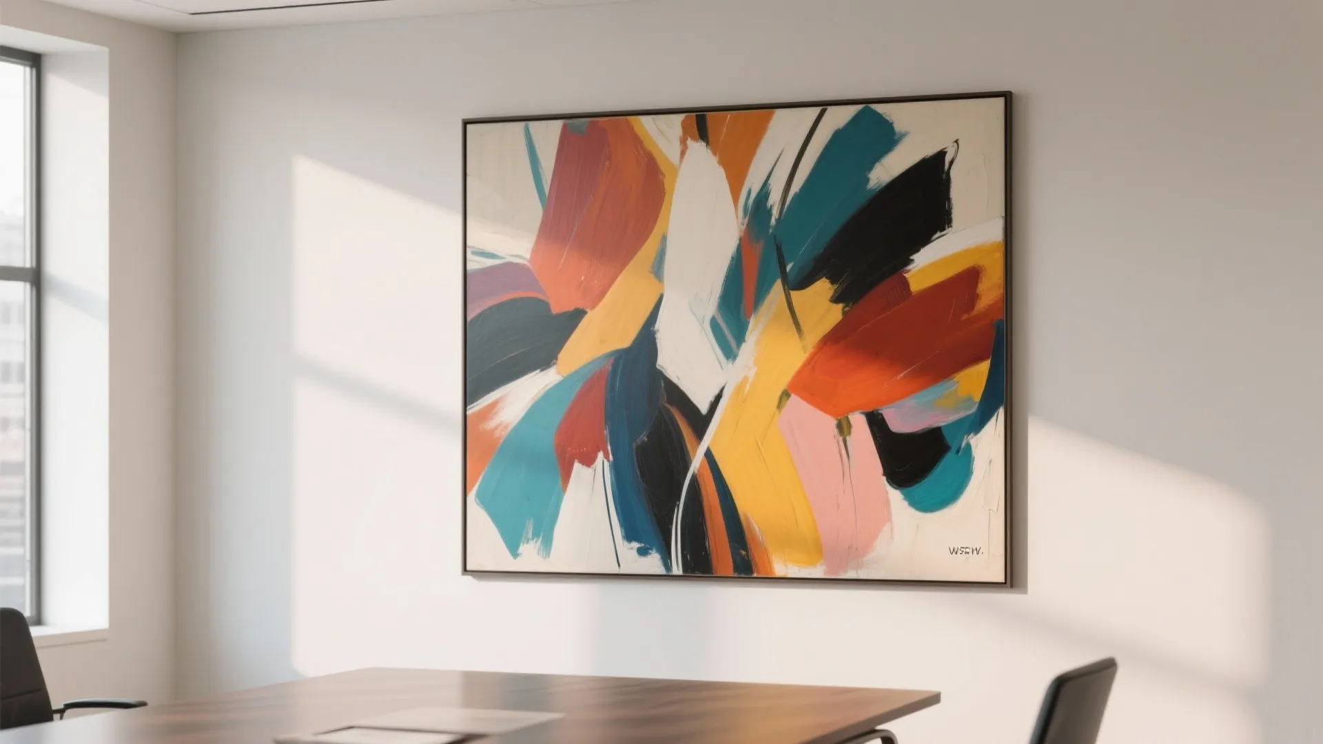 Modern office interior featuring large colorful abstract wall art hanging above a dark wood table
