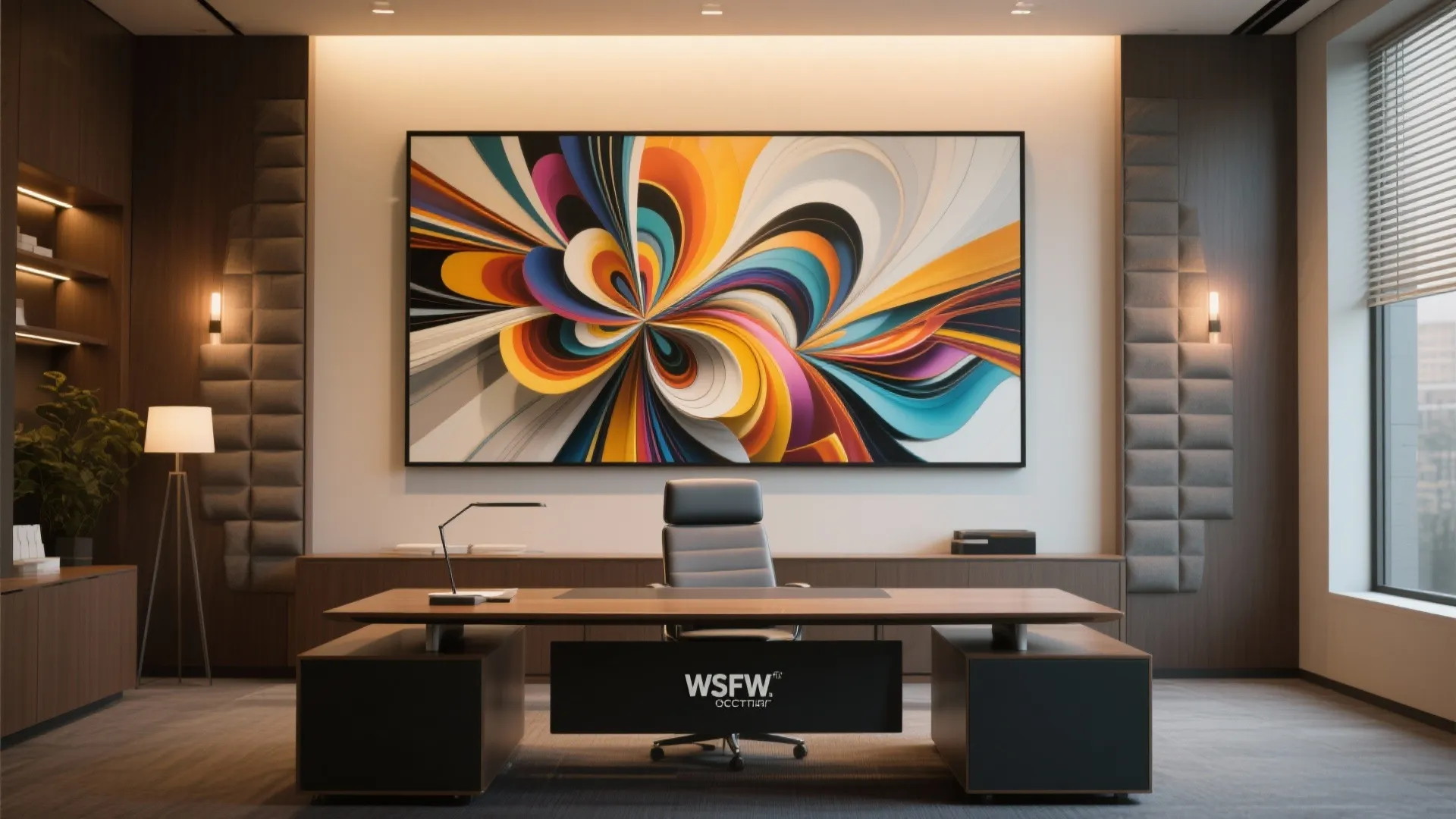 Large modern art piece behind executive desk