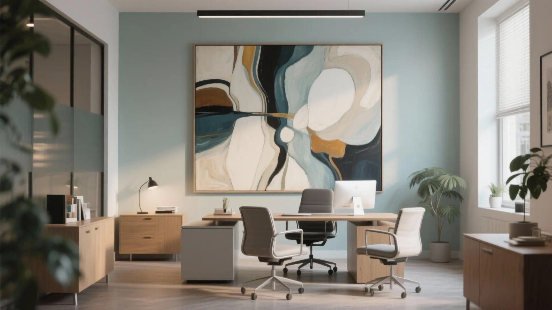 Private office featuring large abstract wall painting wooden desk grey chairs and light blue painted wall