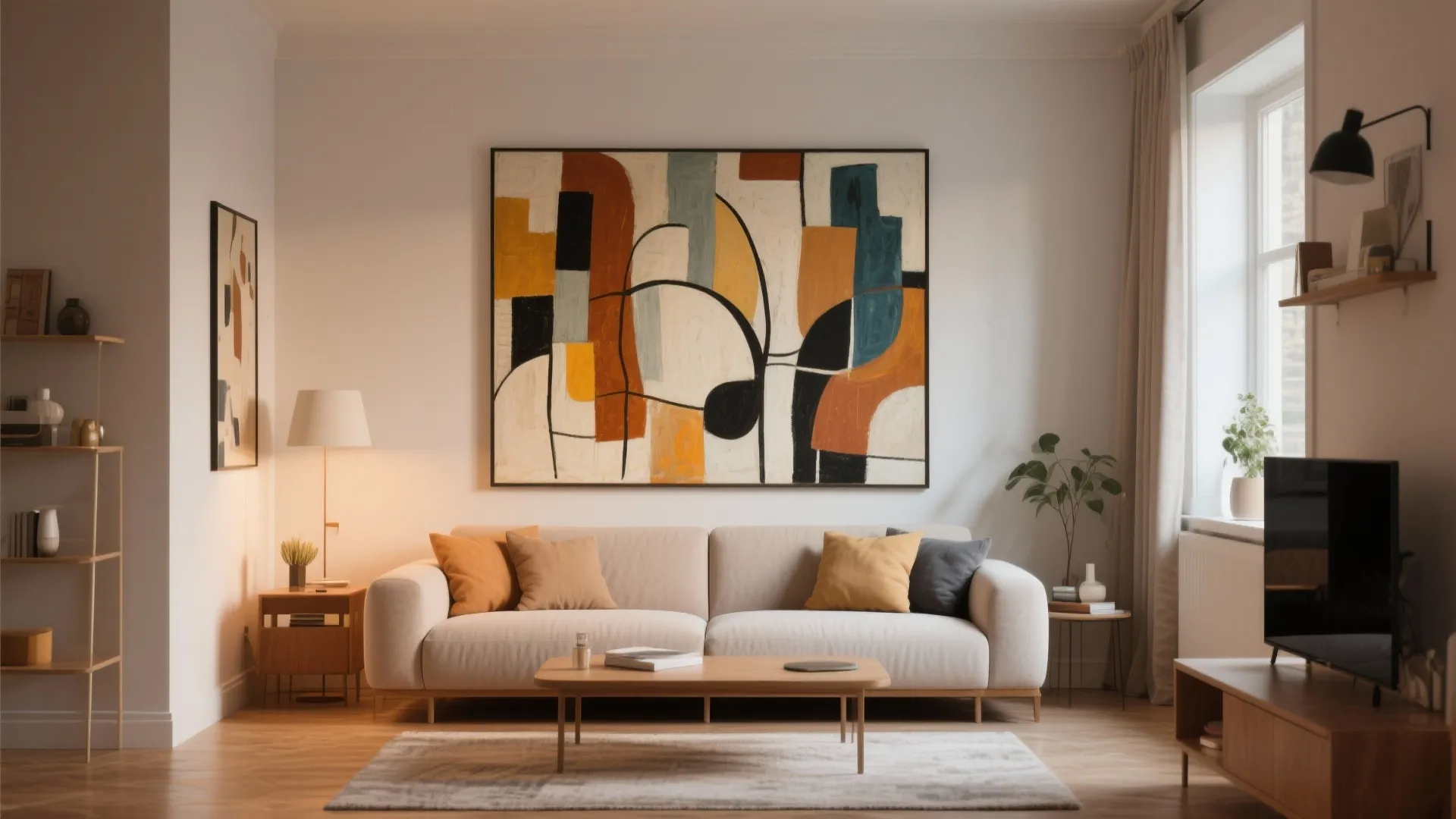Modern living room featuring a large abstract wall painting above a comfortable beige fabric sofa