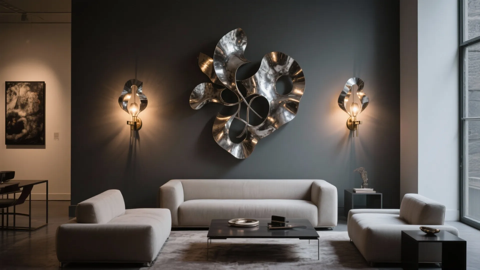 Modern living room featuring dark grey wall, large silver sculpture, two wall lights and beige sofa