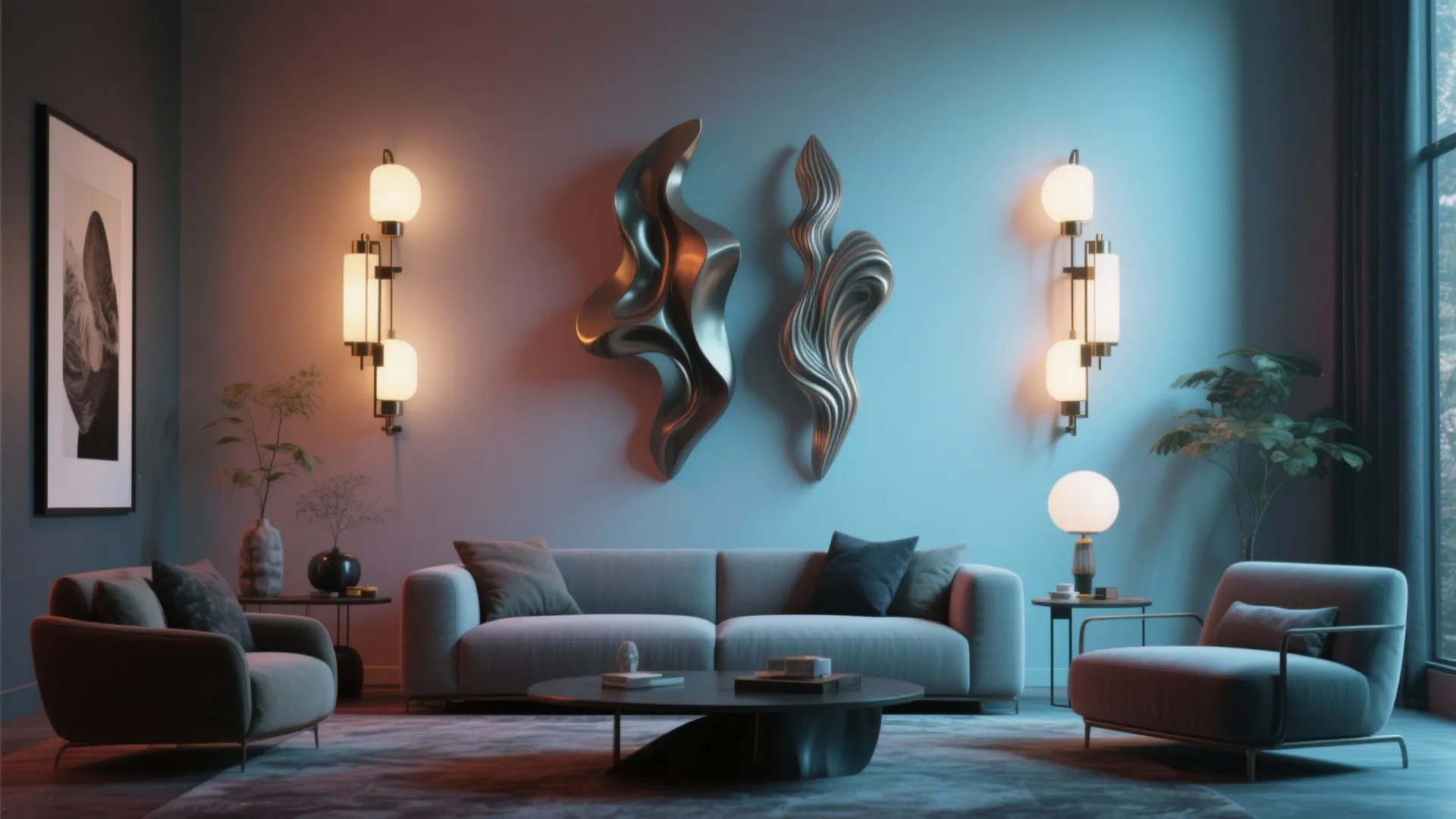 Modern living room featuring a grey sofa with wall lights and abstract wall art decorations