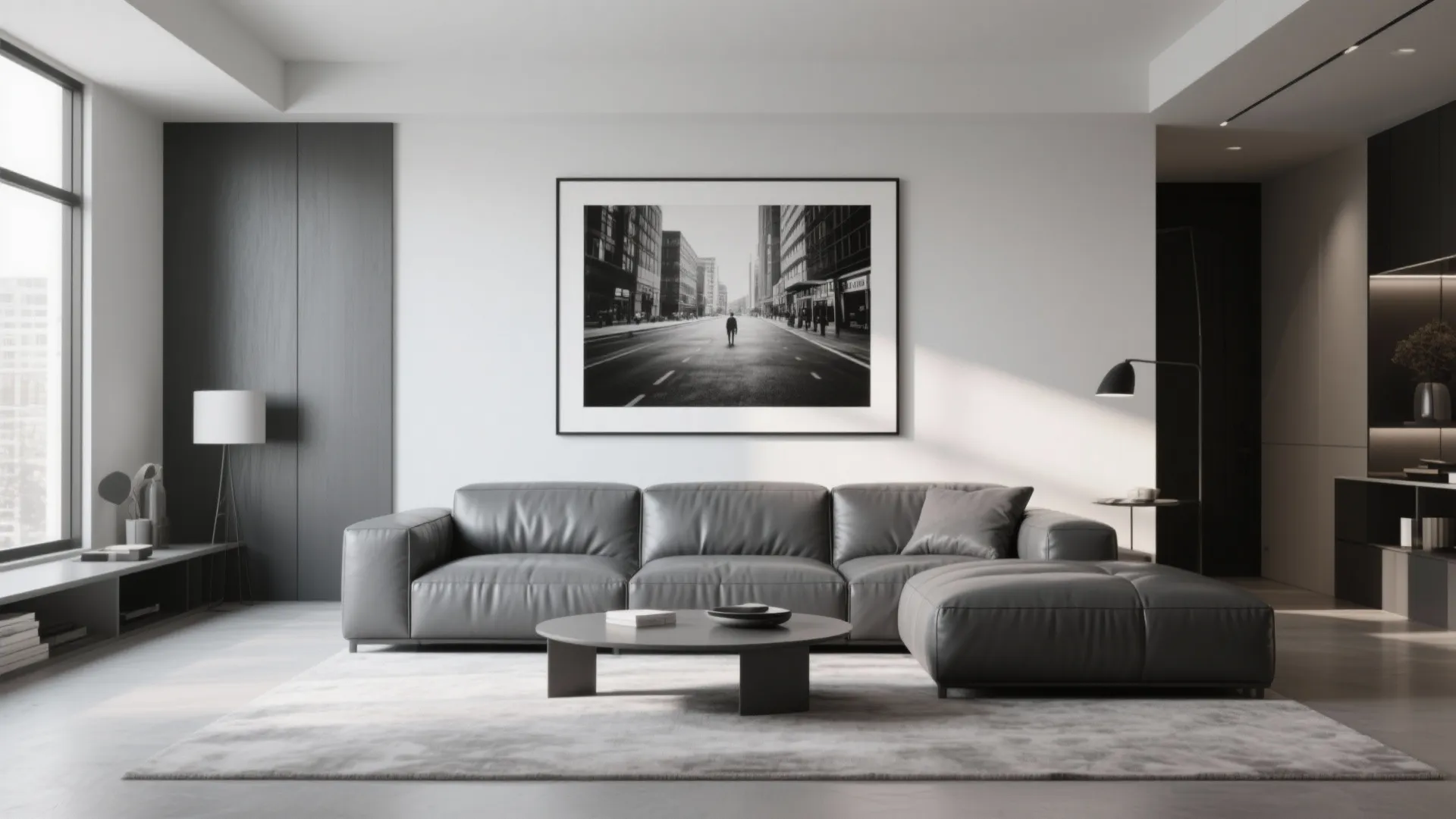Modern grey living room with leather sofa large wall art coffee table and floor lamp