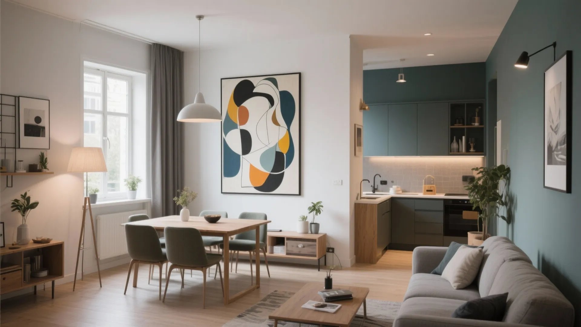 Oversized artwork connecting living and dining zones