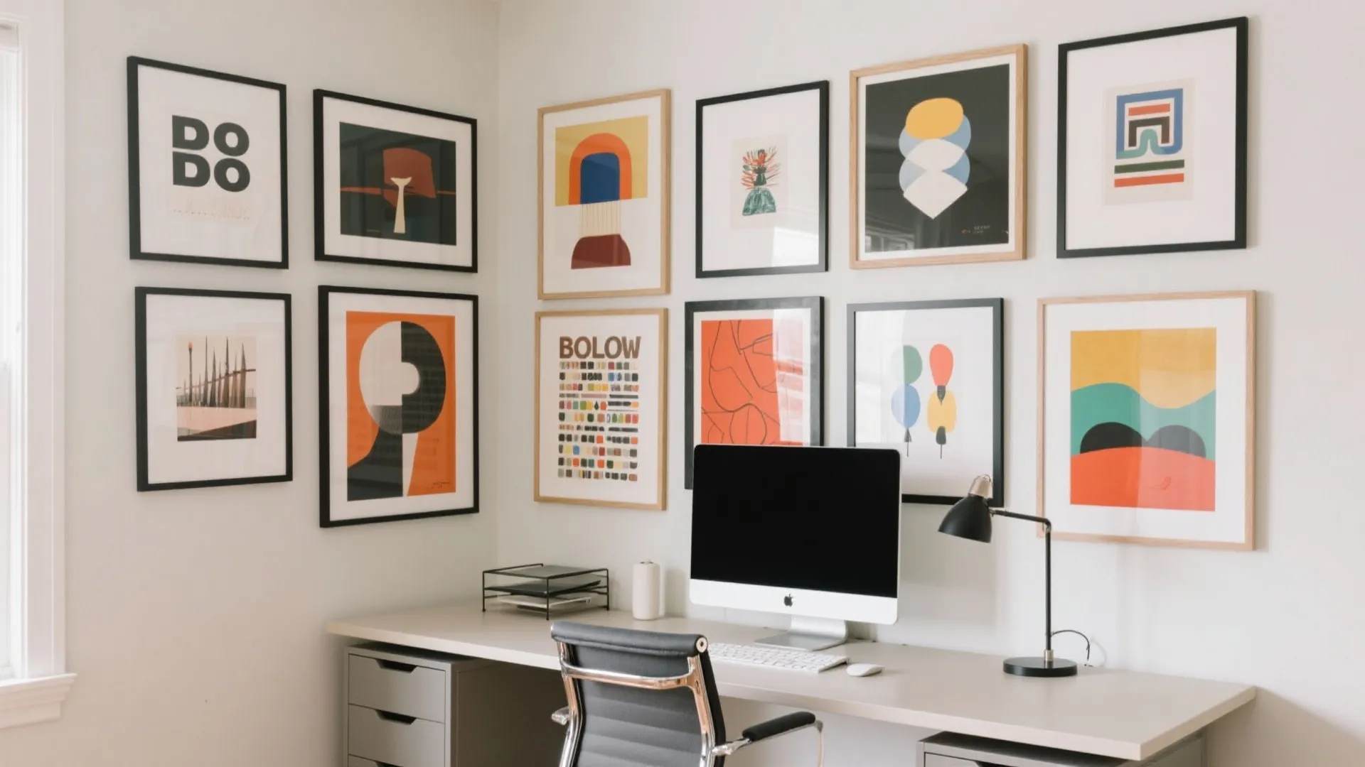 Home office with desk computer and many colorful framed art pictures on the white wall