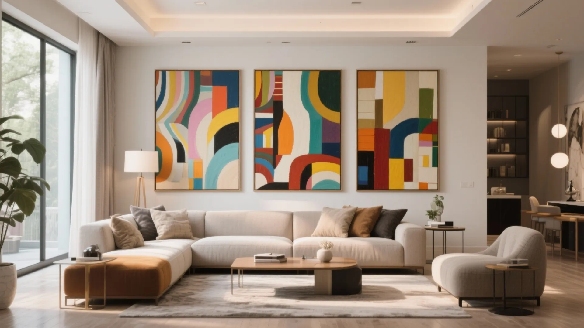 Spacious living room with three colorful abstract wall paintings white sofa and large glass sliding doors
