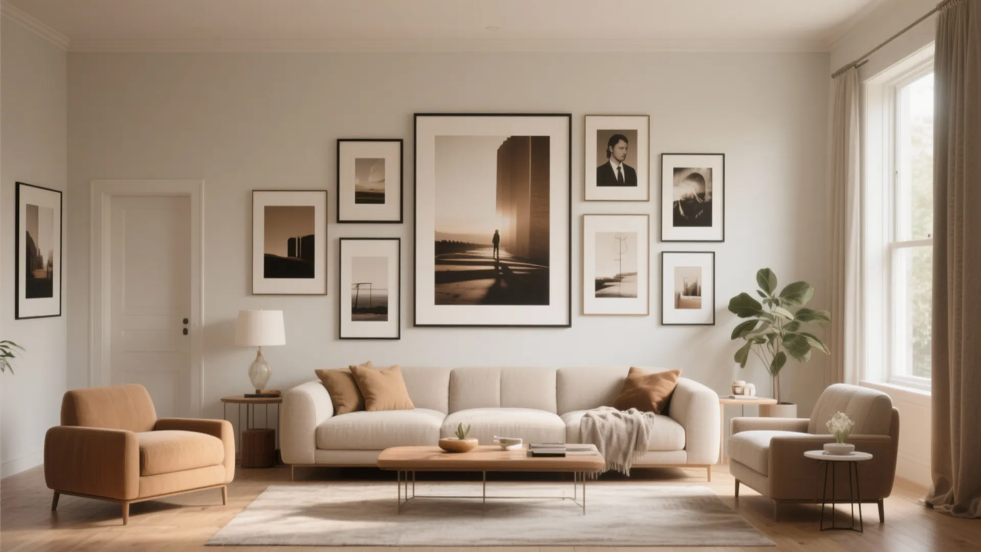 Living room gallery wall with framed pictures above a sofa armchair and wood coffee table