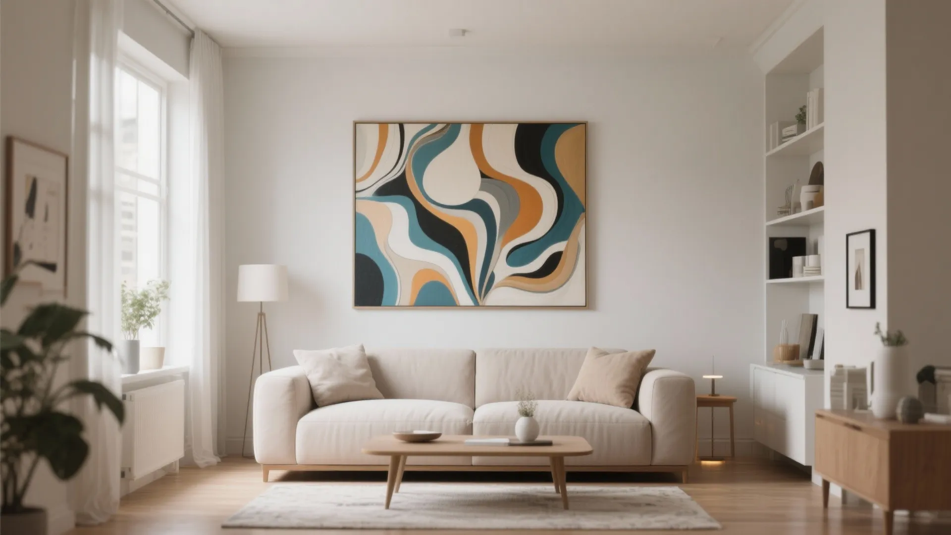 Modern living room with colorful abstract painting above beige sofa wooden table and floor lamp