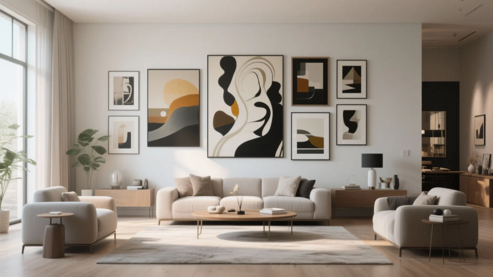 White living room wall featuring a gallery of abstract art pieces above a beige sofa
