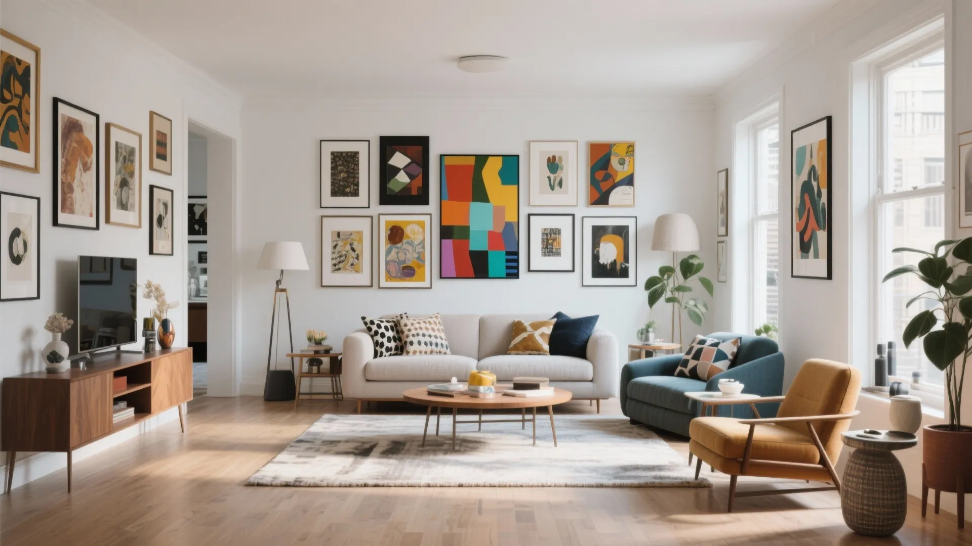 Living room with colorful art wall gallery white sofa blue chair and wooden coffee table