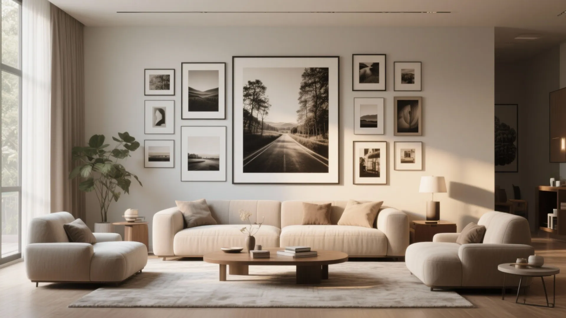 Bright living room featuring a gallery wall with many black and white framed nature photos