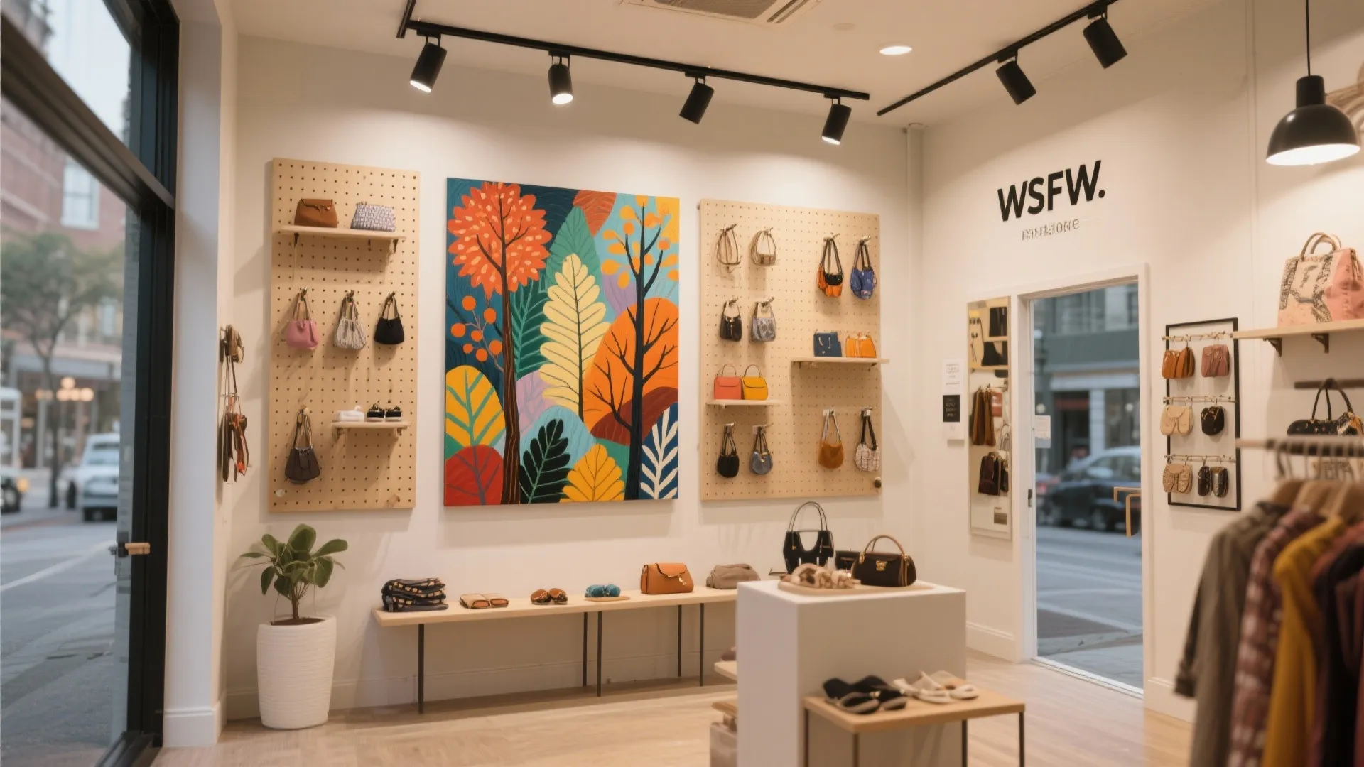 Retail store interior with colorful wall art and bags displayed on pegboards under track lights