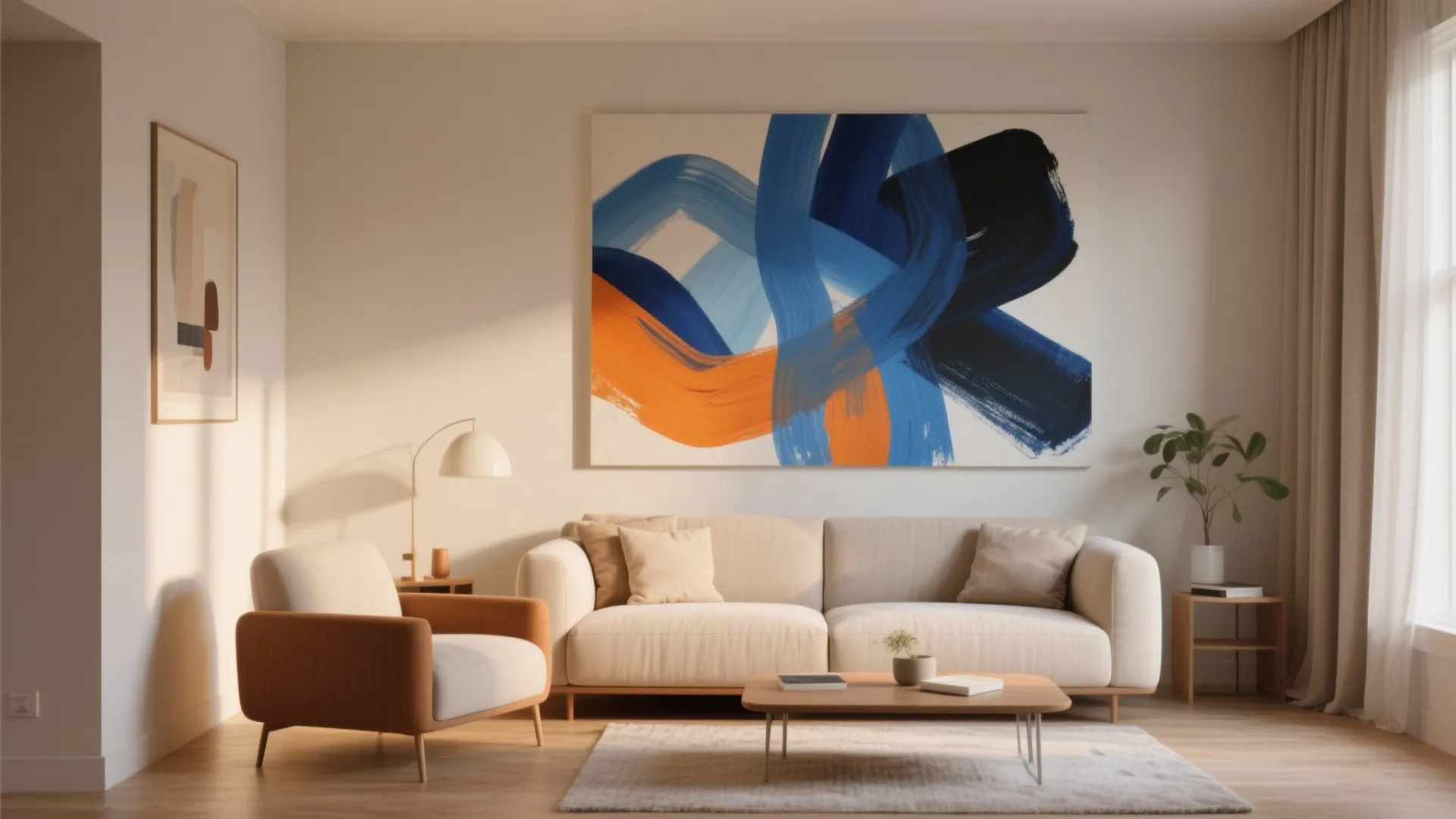 Living room with large blue and orange abstract painting, beige sofa, and wooden coffee table