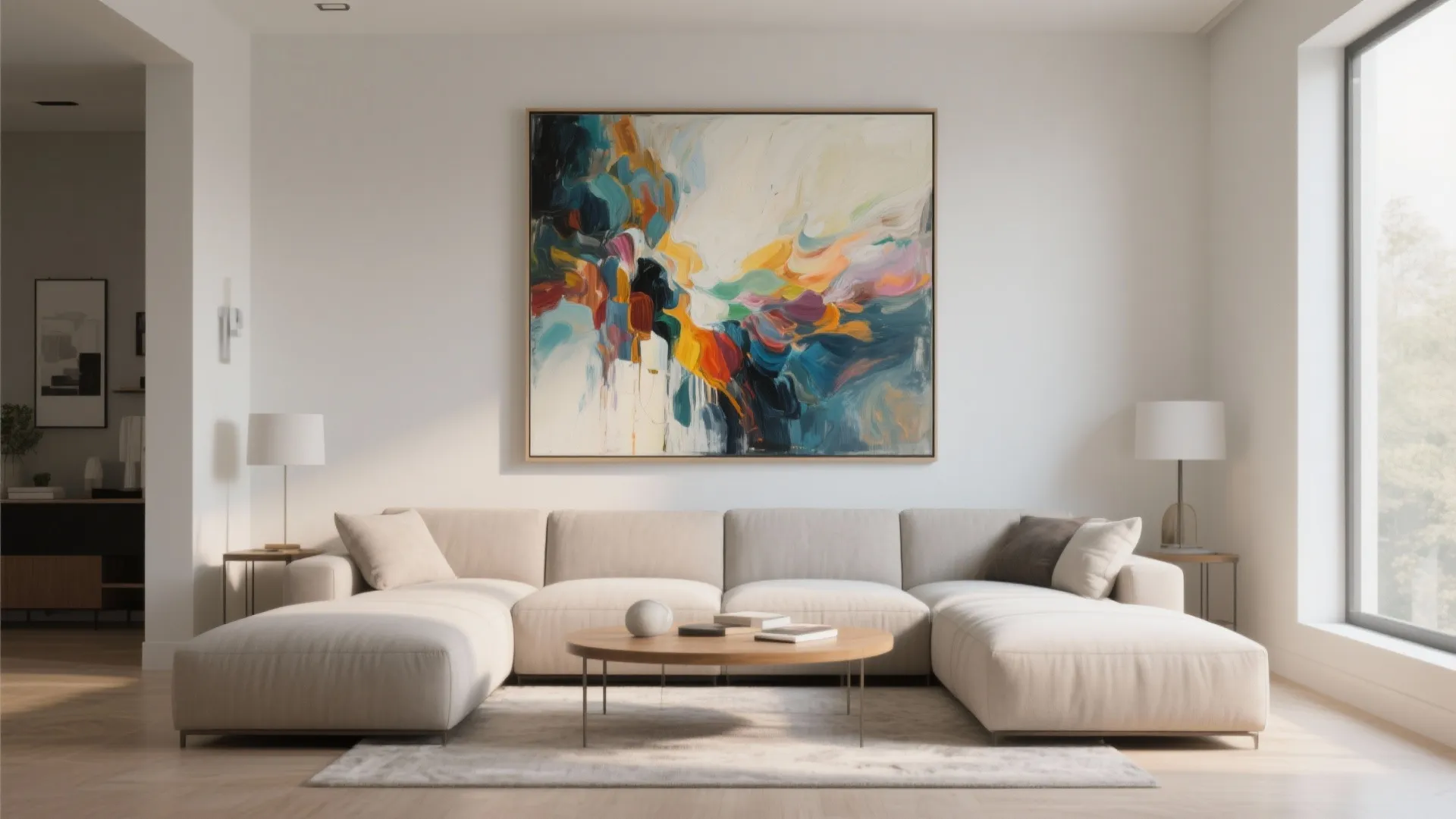 Minimalist living room showing large colorful painting beige sofa round wooden coffee table and rug