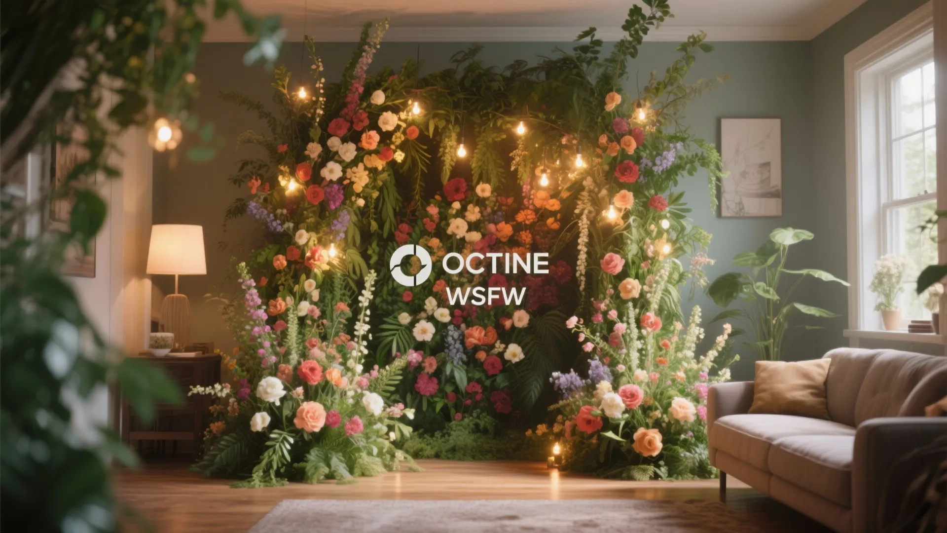 Floral and greenery wedding backdrop with fairy lights in a living room