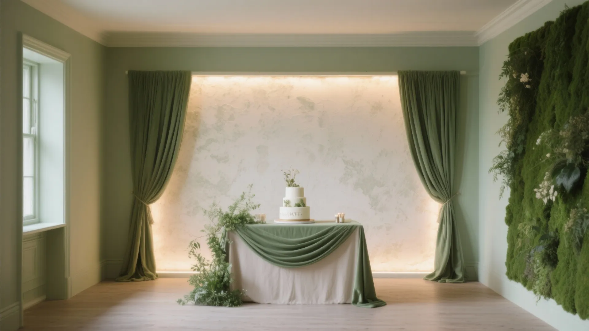 Hero backdrop with limewash panel, faux green wall, and soft fabric swags in a compact hall.