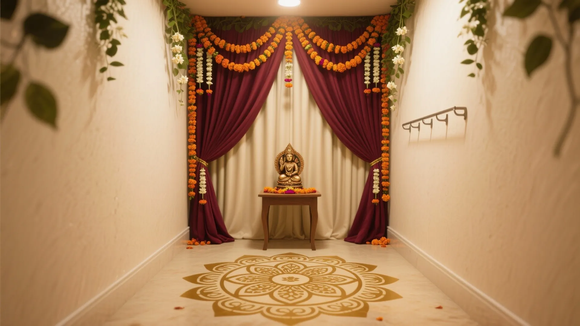 Statement Backdrop: Fabric + Garlands + Kolam Vinyl