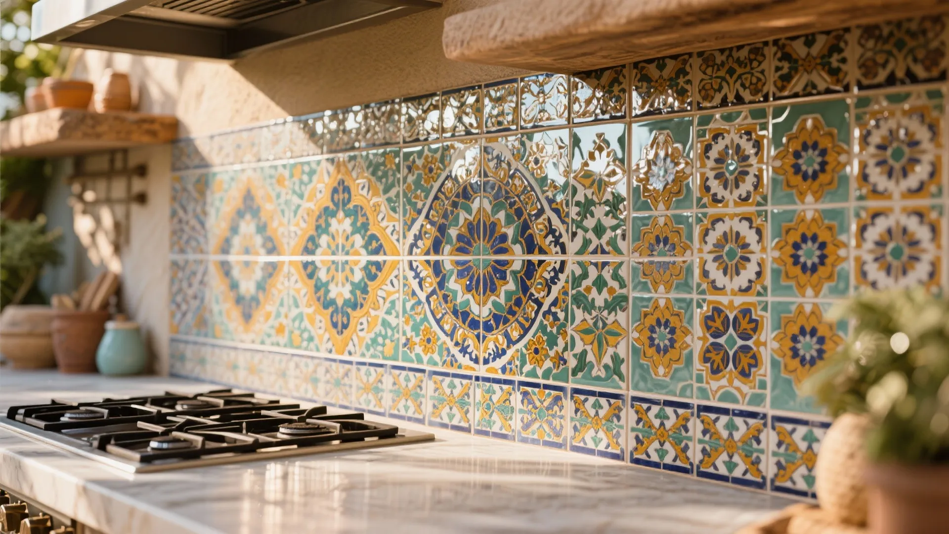 Colorful Moroccan tile backsplash in an outdoor kitchen