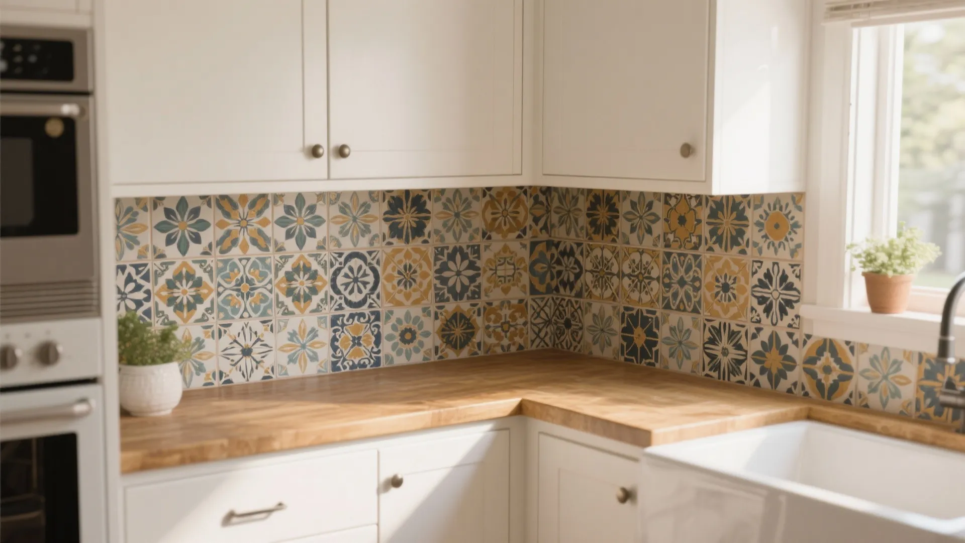 Modern kitchen with white cabinets wooden countertop and colorful floral pattern wall tiles interior design