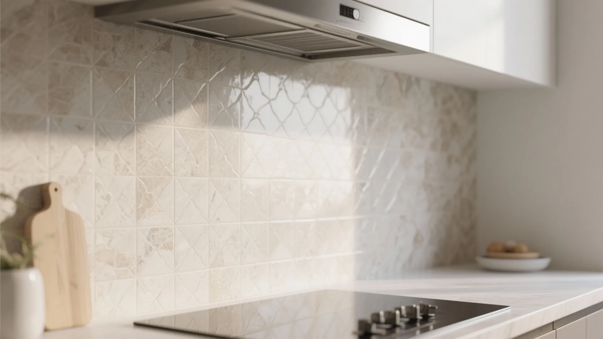 Modern kitchen wall with light beige textured tiles behind a black stove and range hood