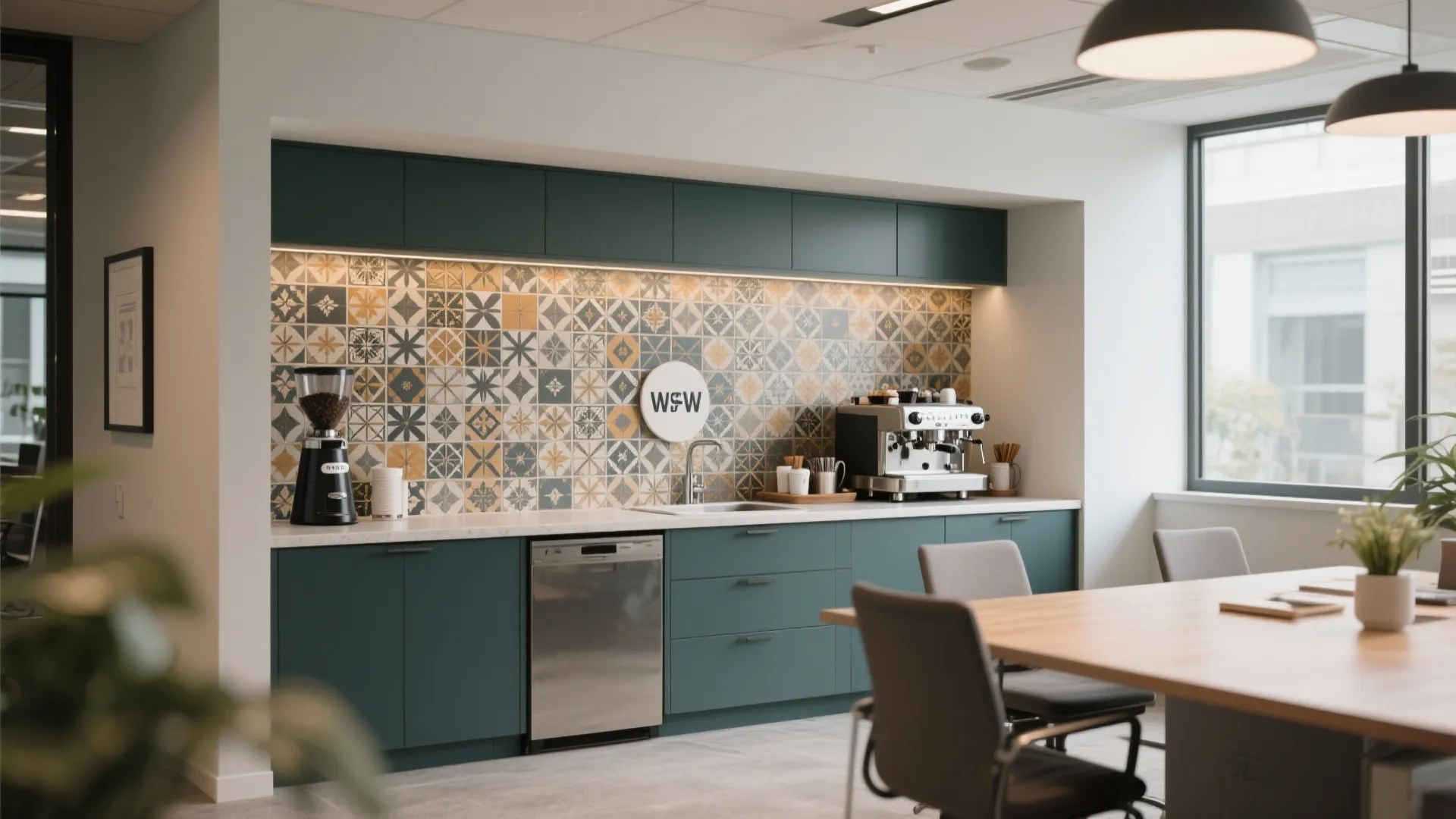 Modern office kitchen area with patterned wall tiles green cabinets wood table and coffee machine