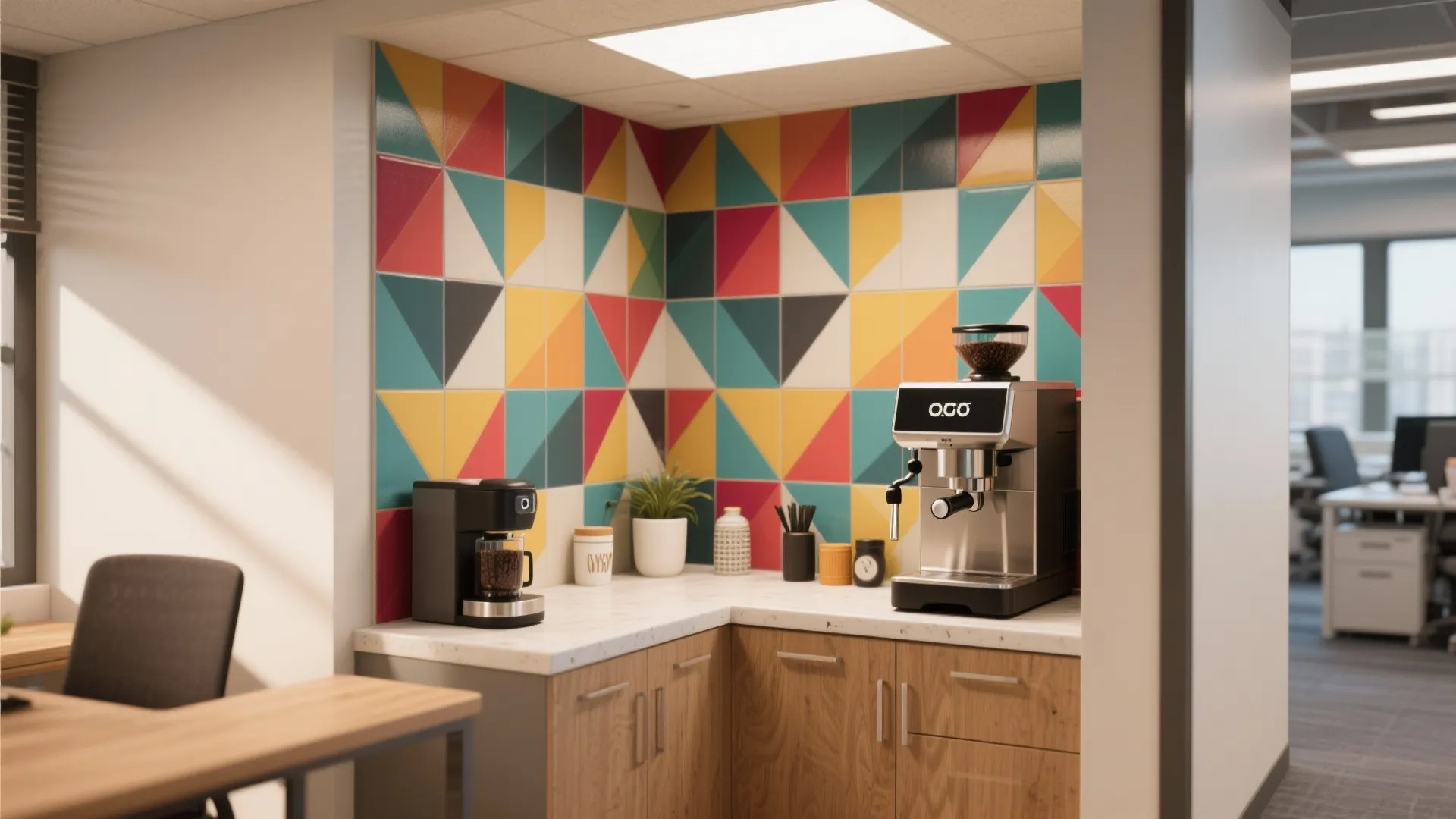 Office coffee station featuring colorful geometric wall tiles wooden cabinets and a professional coffee machine