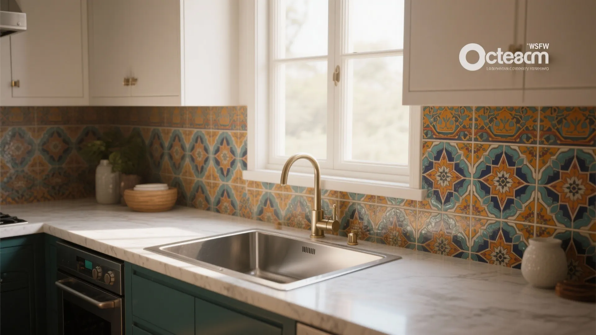 Kitchen counter with colorful pattern wall tiles gold water tap silver sink and white cabinets