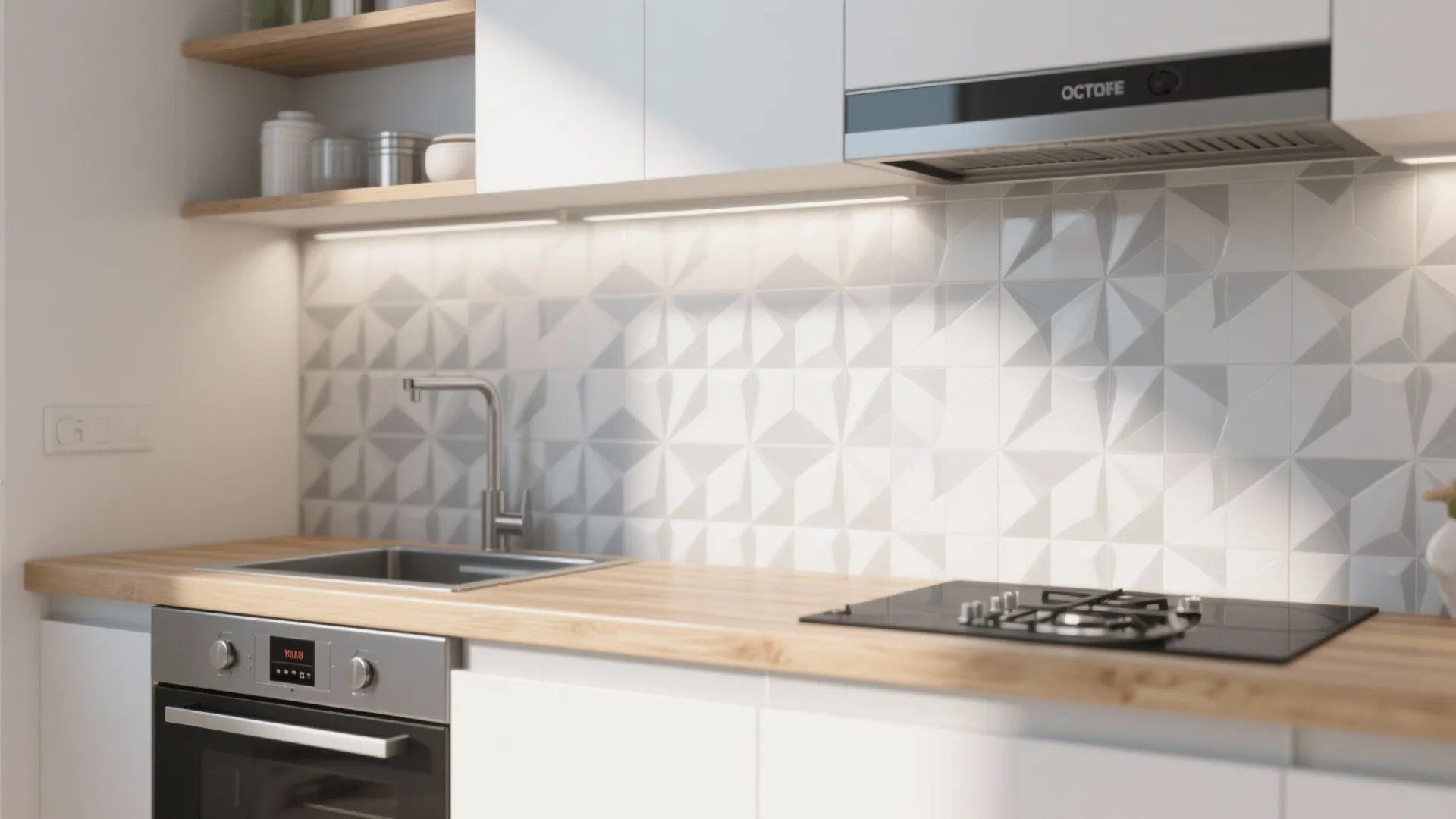 Modern white kitchen with wood countertop grey pattern wall tiles under cabinet lighting and sink faucet