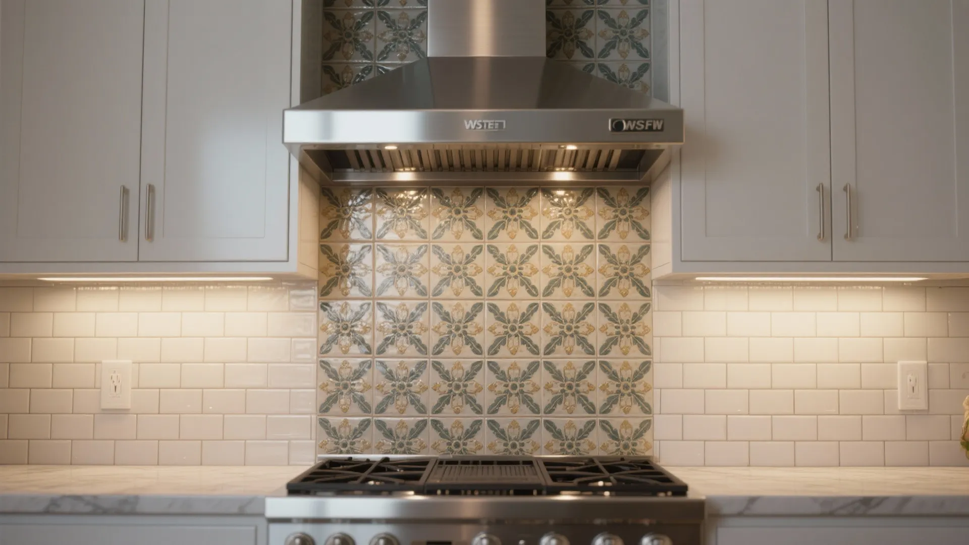 Modern kitchen with stainless steel vent hood over stove and decorative floral pattern wall tiles