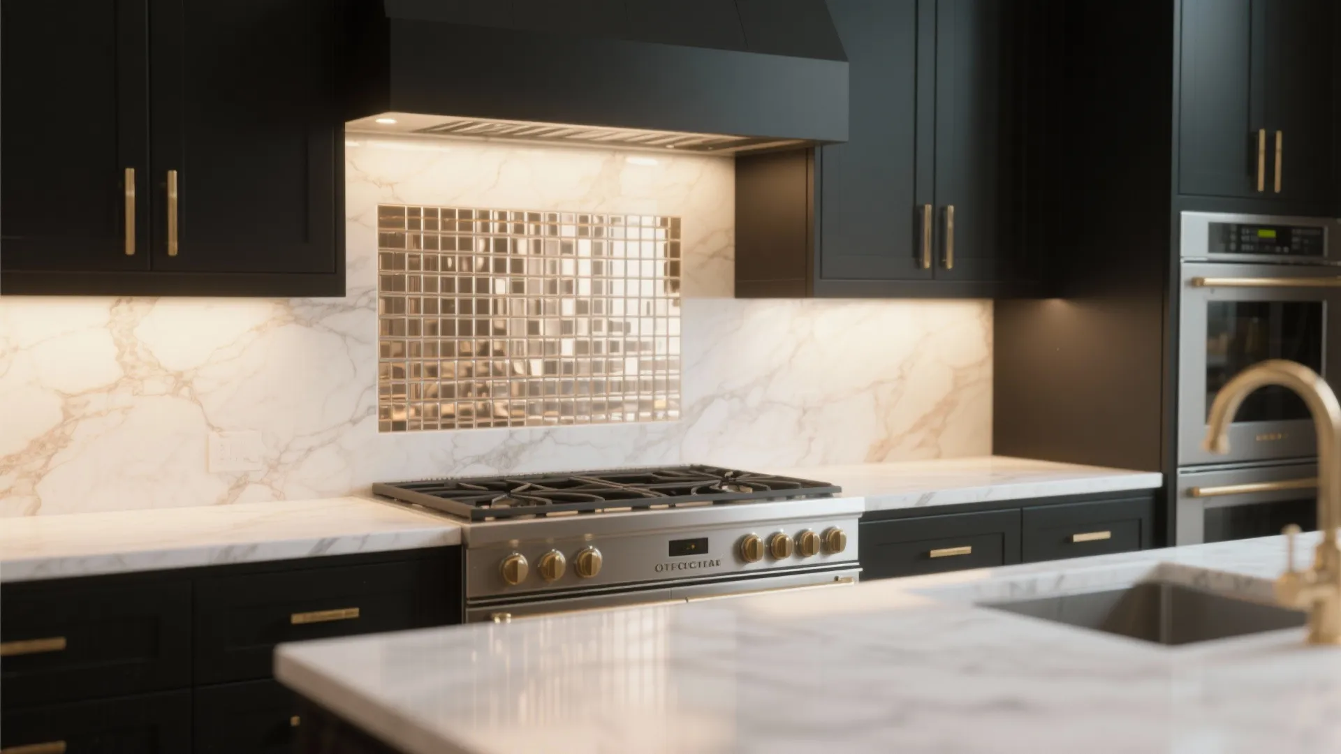 Close up of black kitchen cabinets with gold handles marble wall and a shiny tile area