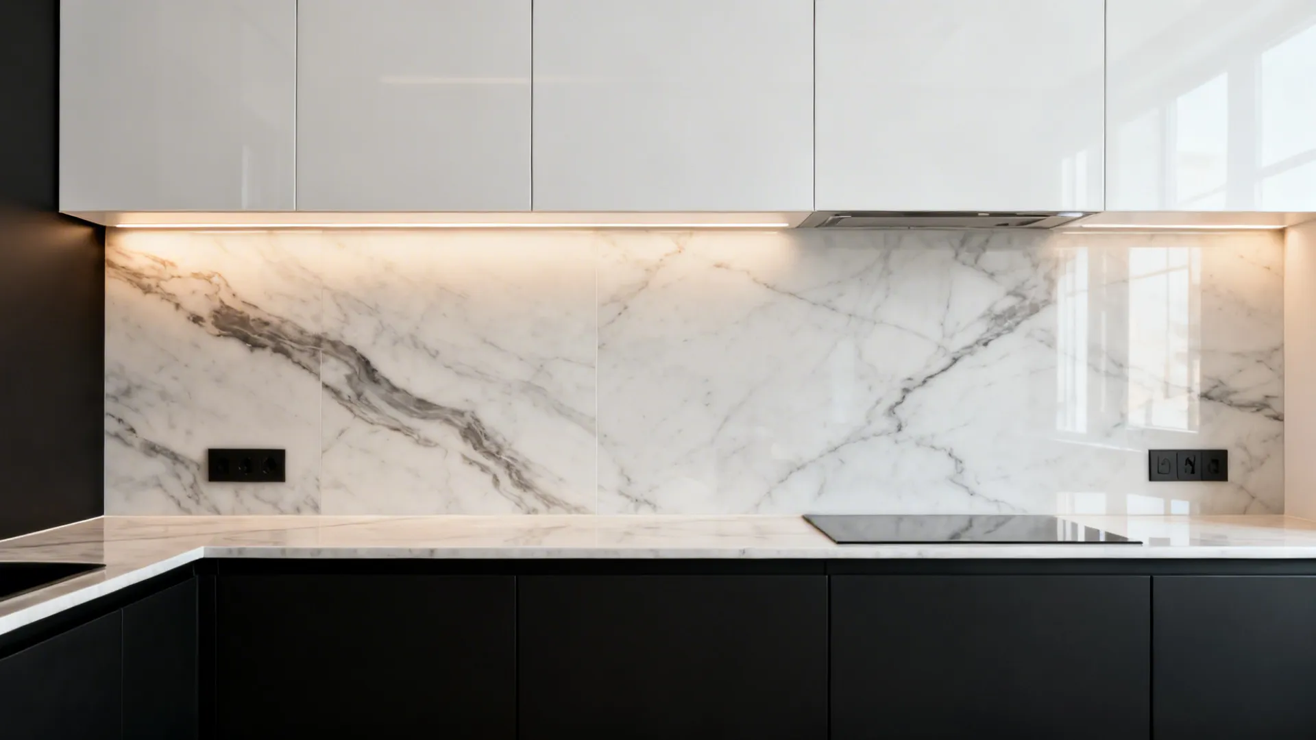 Compact black and white kitchen with subtle-vein large-format porcelain slab backsplash.