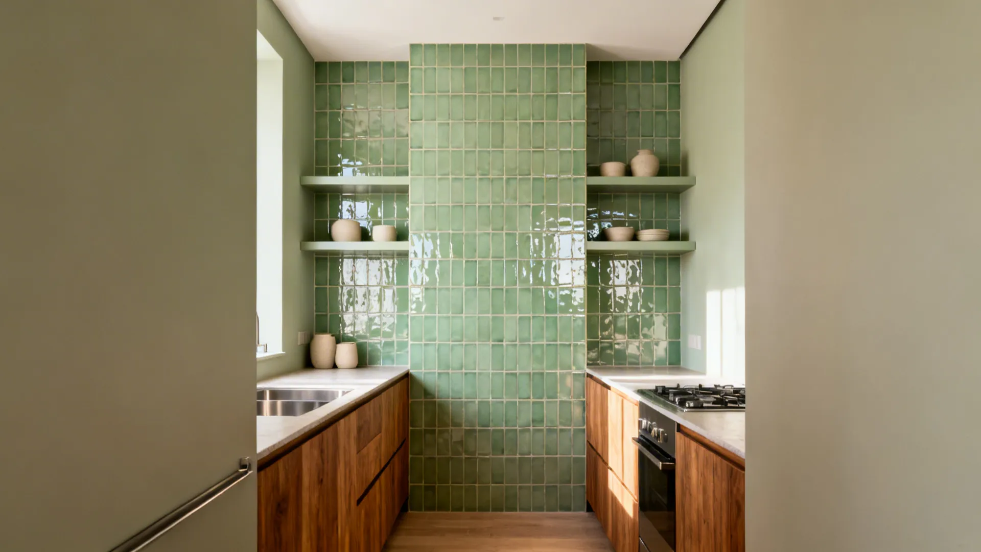 Small galley kitchen with soft green glazed tile backsplash running to the ceiling and floating shelves.