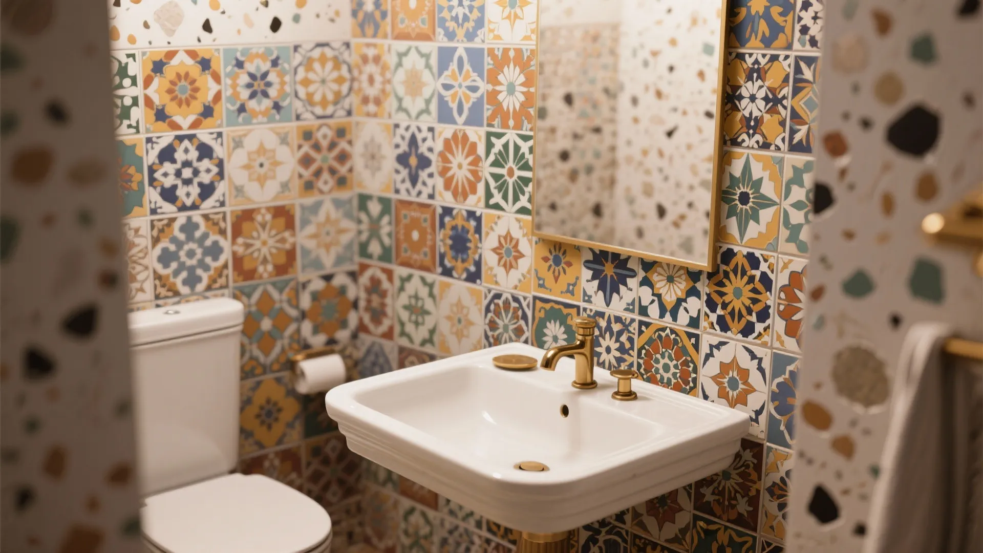 Colorful patterned tiles on bathroom walls with a white sink gold faucet and a mirror