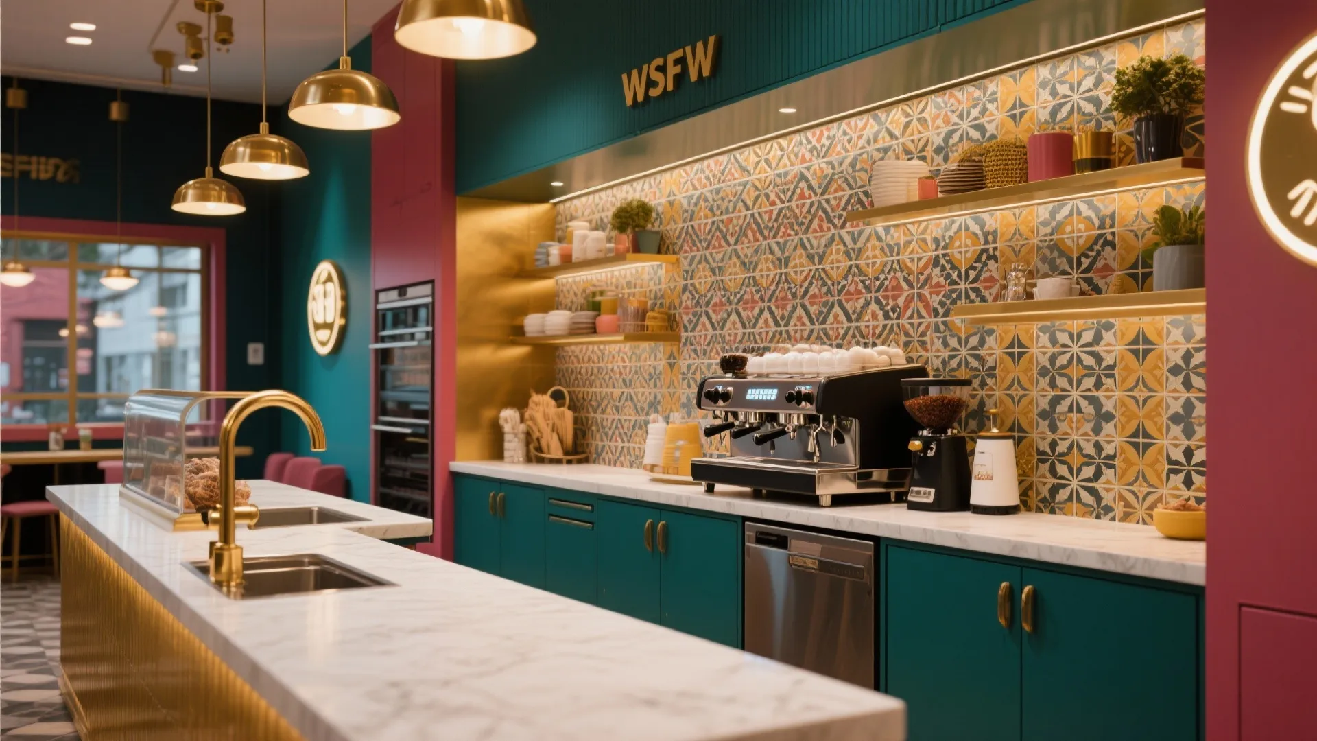 Modern coffee shop interior with teal cabinets, patterned wall tiles, gold faucet, and professional coffee machine